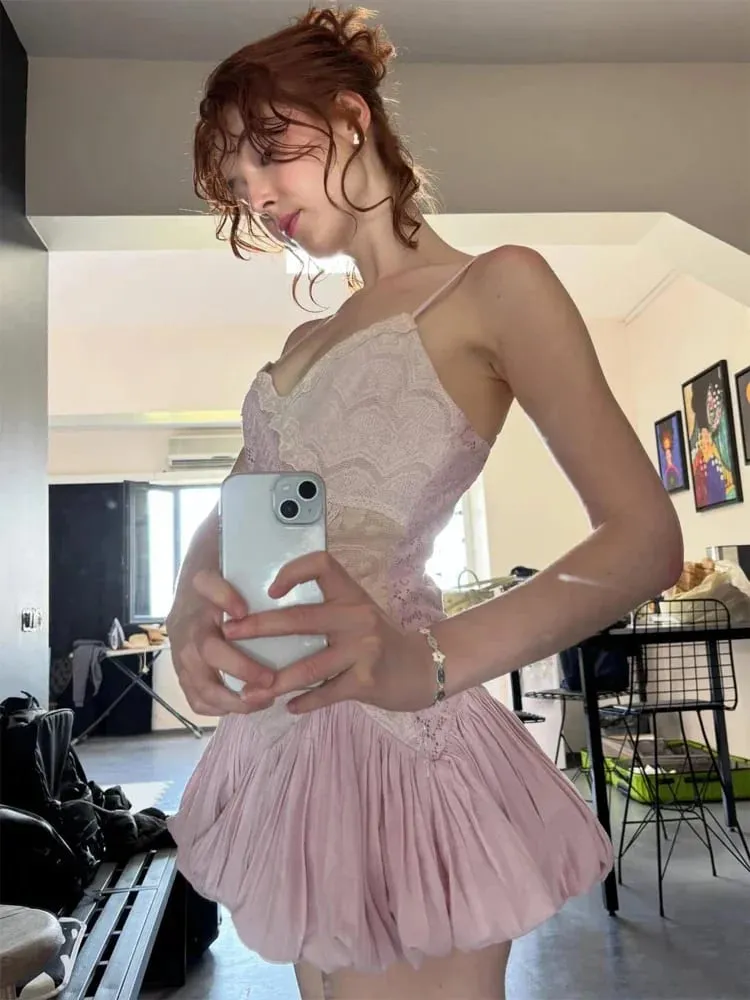 Pink Color Block Lace Spaghetti Strap Mini Dress Women Sweet Deep V Sleeveless Bubble Hem Dresses Lady Daily Dating Casual Gown — image 3