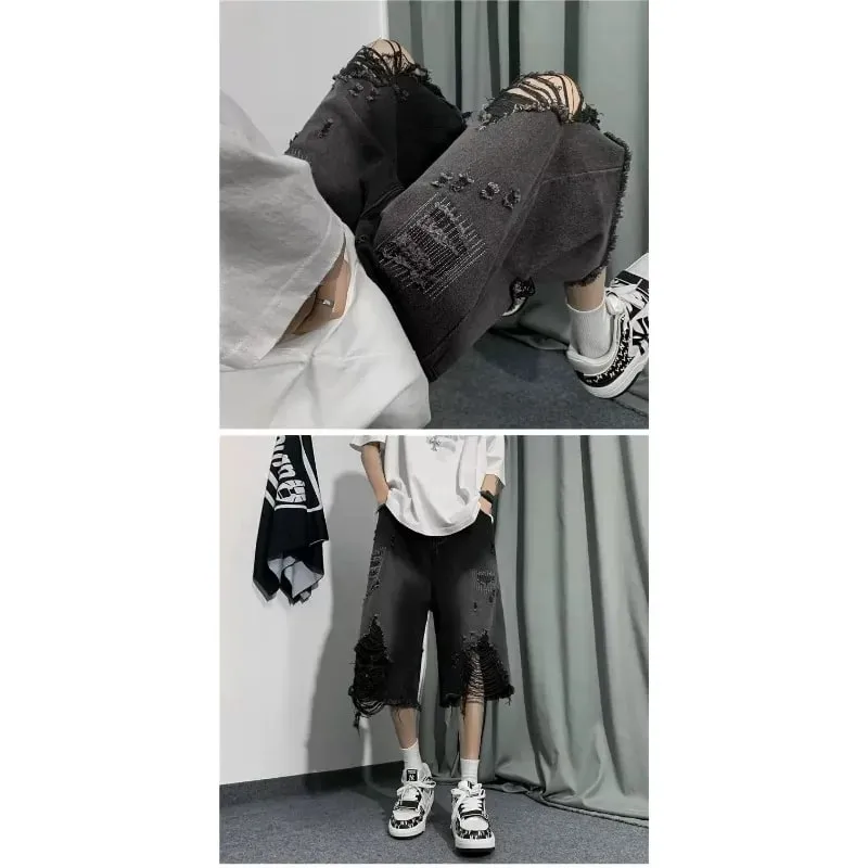 Men's Jeans Ripped Denim Man Pants Cropped Pants Casual Summer Vintage Streetwear Wide Leg Stylish — image 6