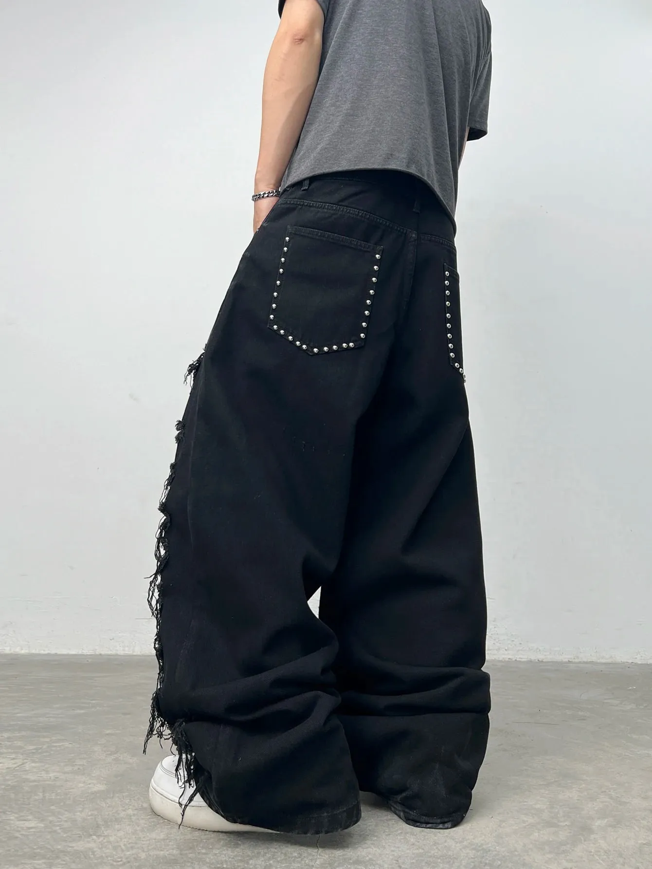 American High Street Double-Layer Patch Ripped Studded Design Black Men's Loose Jeans Y2K Street Hip-Hop Fashion Wide-Leg Pants