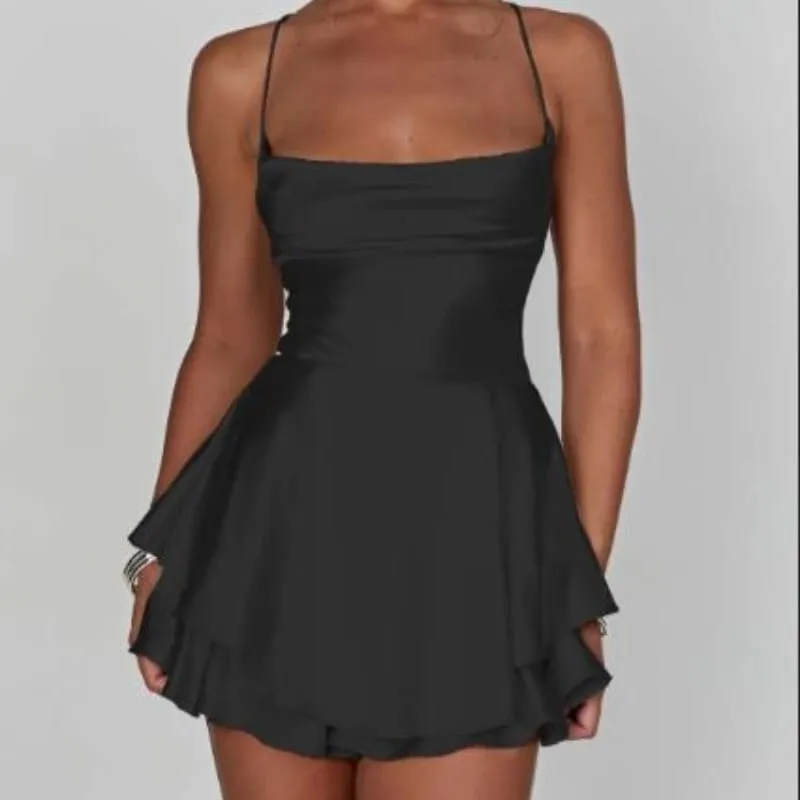 Satin Seide Frauen Sexy Cami Playsuits Kleid Solide Wasserfallausschnitt Ärmellose Kurze Overalls Sommer Kreuz Tie-Up Backless Strampler — image 7