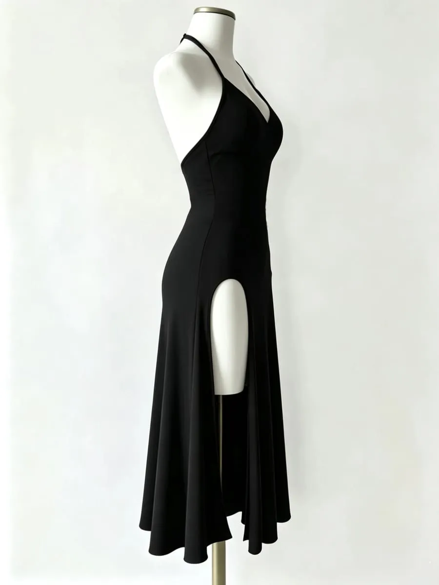 Atmospheric and Stylish Little Black Dress with Thin Halter Neck Deep V-Neck Waist-Cinching Design High Slits on Both Sides and a Flowing Slimming Long Gown — image 3
