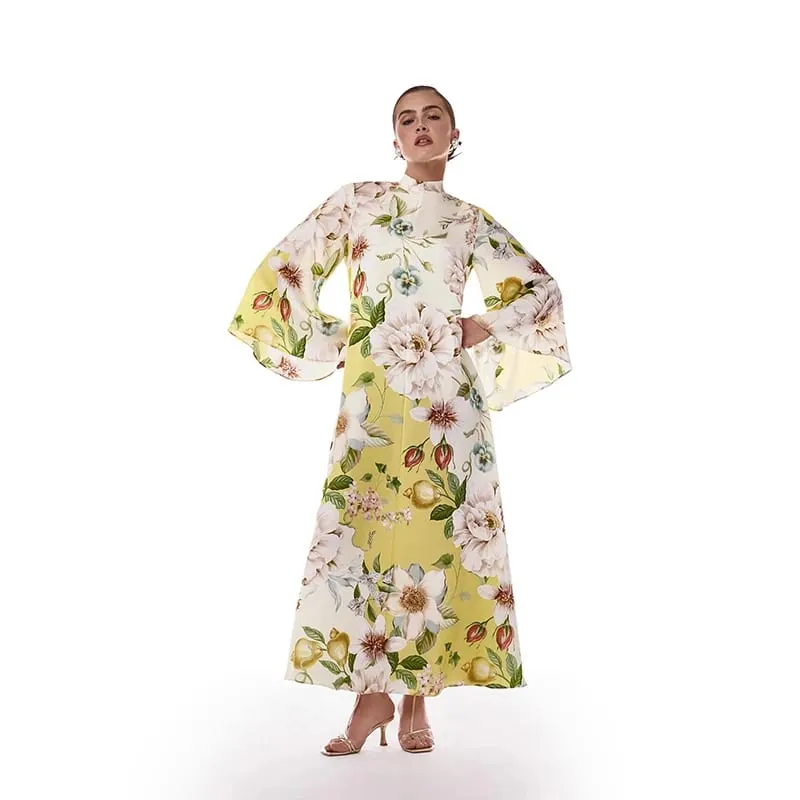 Floral Print Women Dress Button Down Mock Neck Maxi Dresses Long Lantern Sleeve A-Line Waist Belt Flared Hem Elegant Streetwear