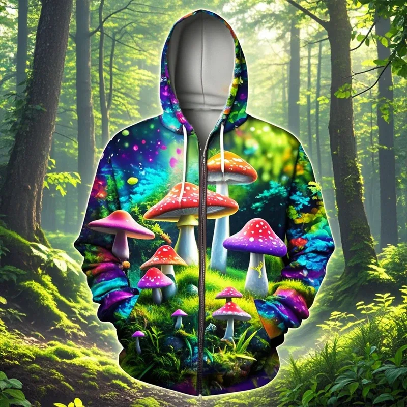 Mushroom 3D Print Zipper Hoodie Men Women Casual Fashion Hooded Sweatshirts Male Oversized Tracksuit Hoodies Man Coat Clothing — image 4