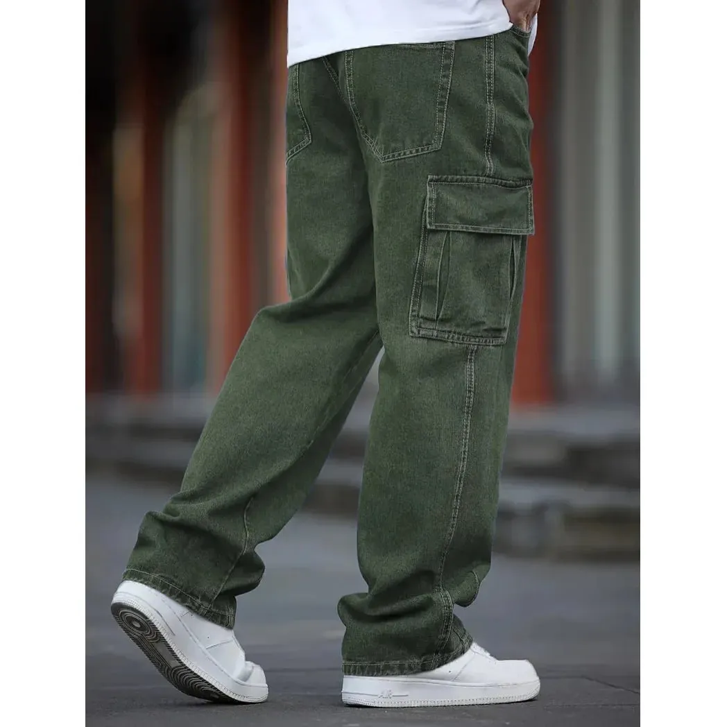 2026 New Arrival Men Cargo Jeans Multi‑Pocket Loose Wide Leg Straight Denim Pants HipHop Street Workwear Trousers — image 3