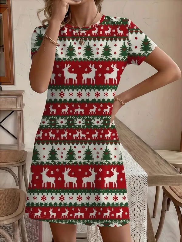 Women'S Christmas Tree Print Dress Red Golden Holiday Party Outfit All-Season Elegant Long Dress for Xmas New Year'S Eve Xmas — image 9