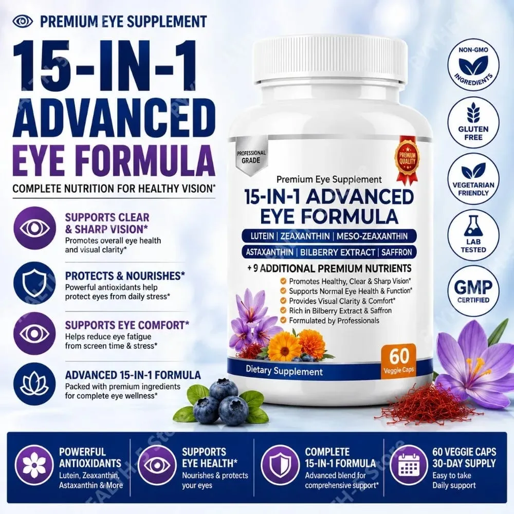 Lutein Zeaxanthin Astaxanthin Capsules with Bilberry Saffron Daily Eye Nutrition Supplement for Adults 60 Veg Capsules — image 1