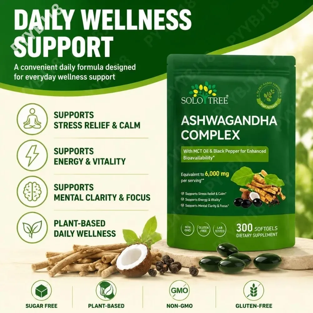 Solo Tree Ashwagandha Complex Softgels Supports Stress Relief Calm Mental Clarity Focus with MCT Oil & Black Pepper 300 Softgels — image 3
