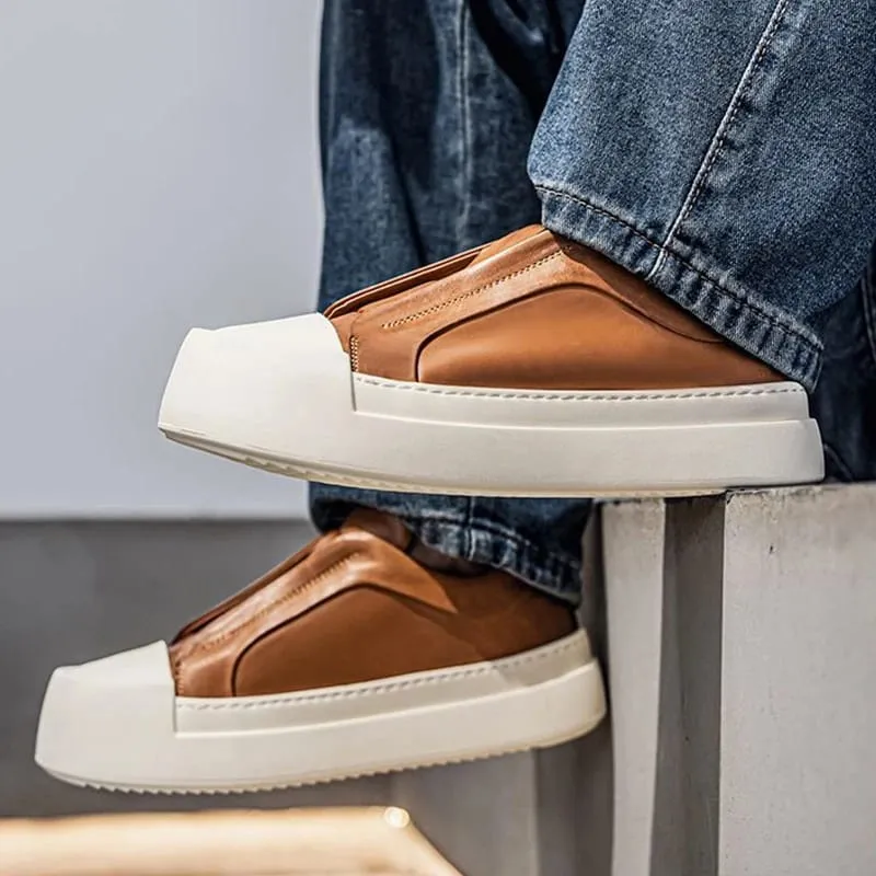 Retro brązowe buty męskie ze skóry PU lekka platforma z gumką codzienne trampki modne buty do chodzenia po ulicy wysokiej jakości — image 4