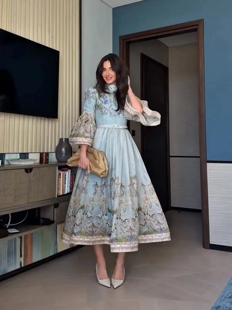 Spitze Gedruckt frauen Kleid Elegante Halb Hohe Kragen Lose Hülse Einreiher Gürtel Weiblichen Rock 2026 Sommer Dame Drapierte robe — image 2