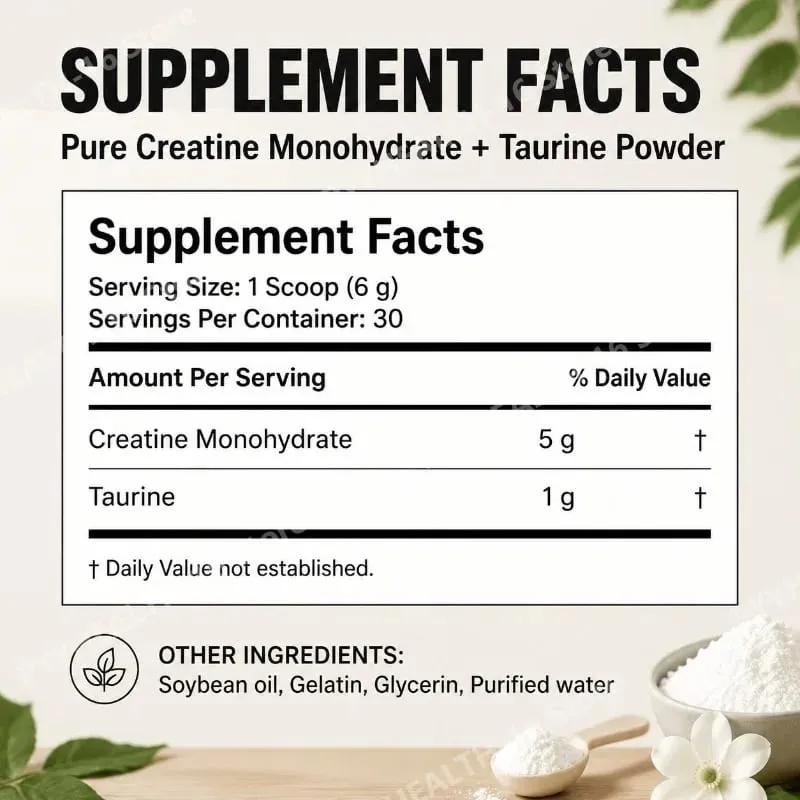 Creatine Monohydrate Taurine Powder Pure Unflavored Muscle Strength & Endurance Support Quick Dissolve 180g - 30 Servings