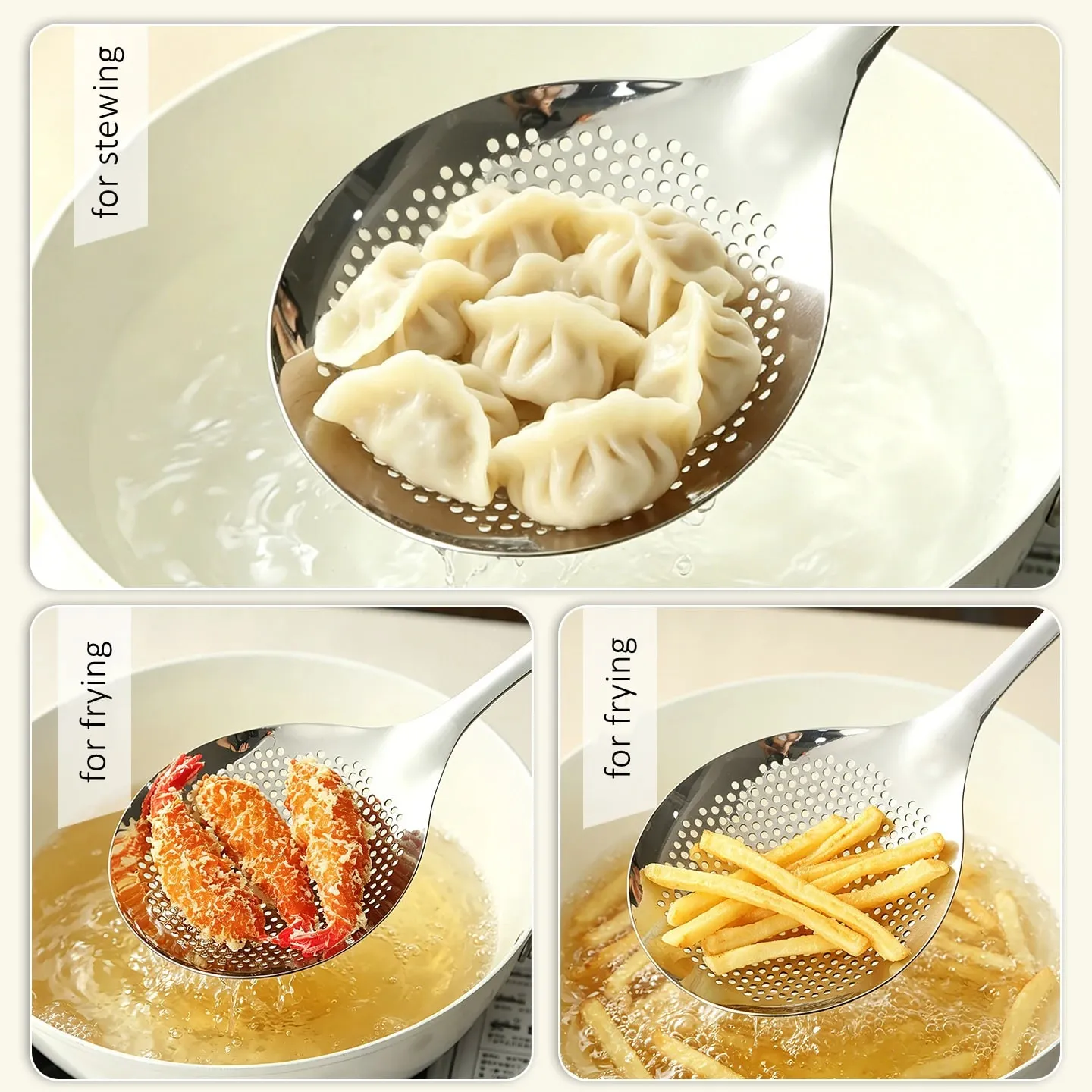12.5cm Width 33cm Length Cooking Sieve Ultra Thick Pure 304 Stainless Steel Frying Colander Noodle Strainer with Fine Meshes