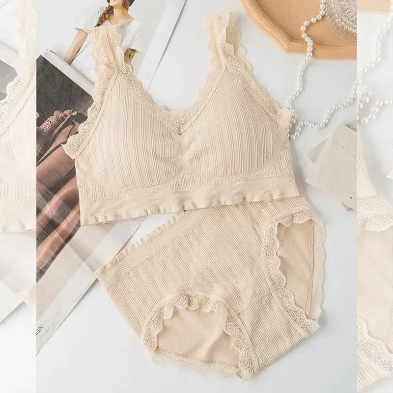 2025 Seamless Lace Back Bra Set U-Shape Sexy V-Neck Women's Underwear Full Cup Fixed Strap Home Clothes No Brand Registered