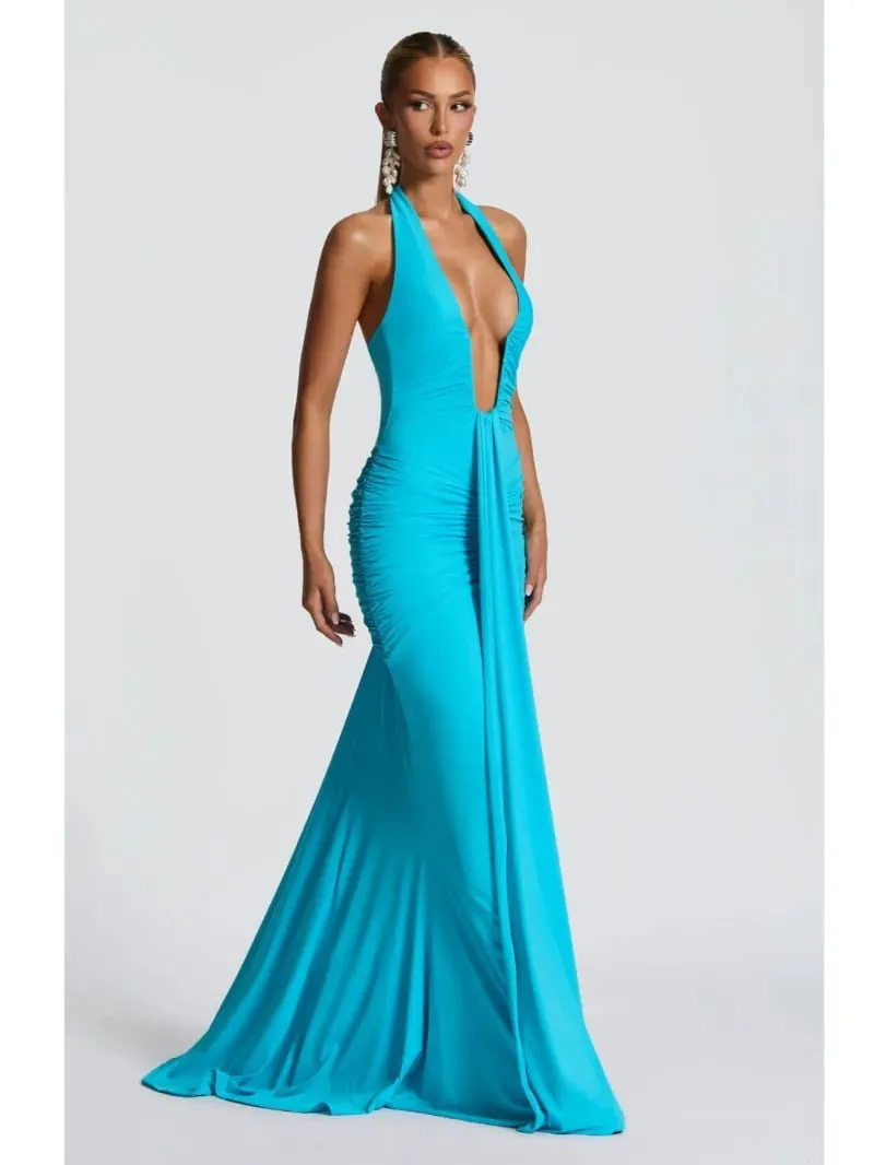 Deep V Neck Draped Ruched Sexy Maxi Dress Women Summer Fashion Halter Sleeveless Backless Club Party Long Dress Elegant BM98 — image 3