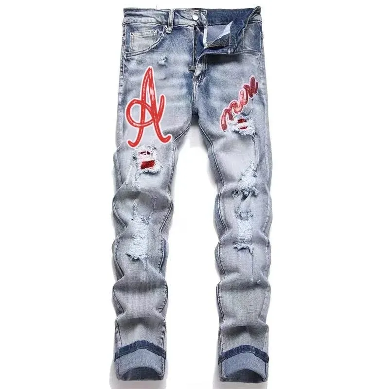 Men's Hip-Hop Style Distressed Holes Jeans Wash Ripped Pants with Red Embroidered Patches Casual Trendy Streetwear Trousers — image 2