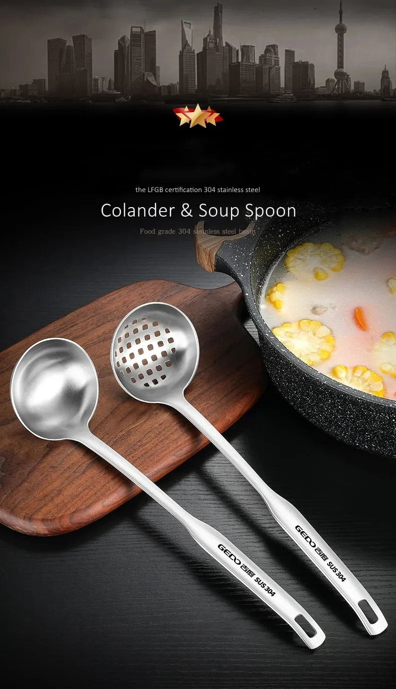 LFGB Certification Pure 304 Stainless Steel Colander and Soup Spoon 30.5cm Length Fall Resistant Hotpot Ladle and Strainer Set — image 8