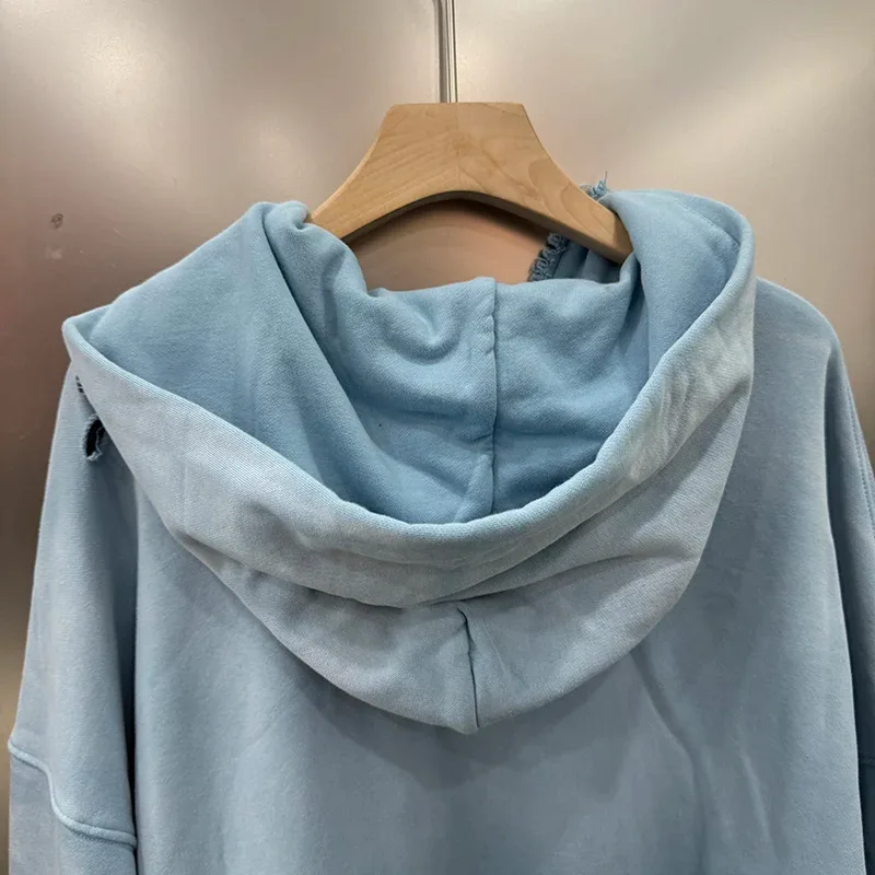 Light Blue PALY Letter Crystal Hoodie Ripped Washed Fashion Patch High Street Casual Men Women 1:1 Zipper Sweatshirts — image 13