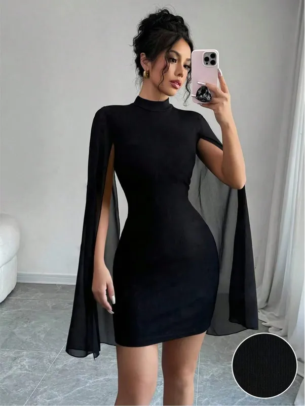 Sexy Women's Stand Collar Cape Mini Dress Sparkling Club Party Night Out Fitted Bodycon Elegant Autumn Winter