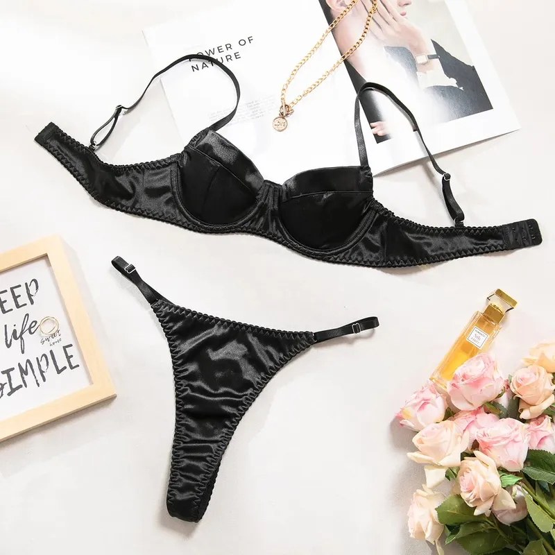 Sexy Luxury Solid Satin Thin Lingerie Girl's Sweet Gathering Bra & Thong Set Female New Fashion Elegant Underwear Daily Life — image 8