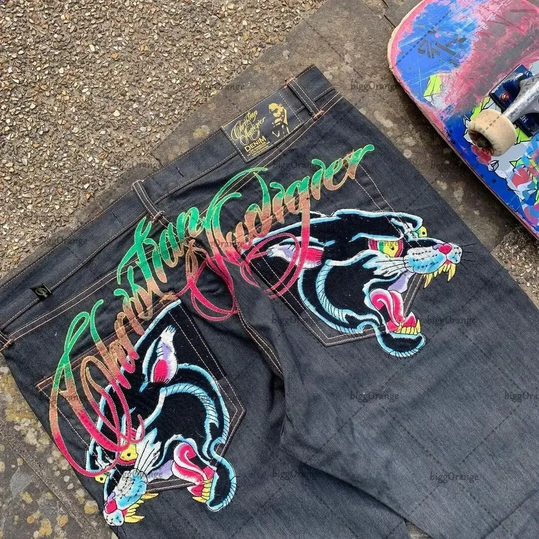 Mens Jeans Streetwear Y2K Vintage Straight Leg Denim Pants Skull Rose Flame Print Design Loose Fit Retro Punk Hip Hop Fashion — image 12