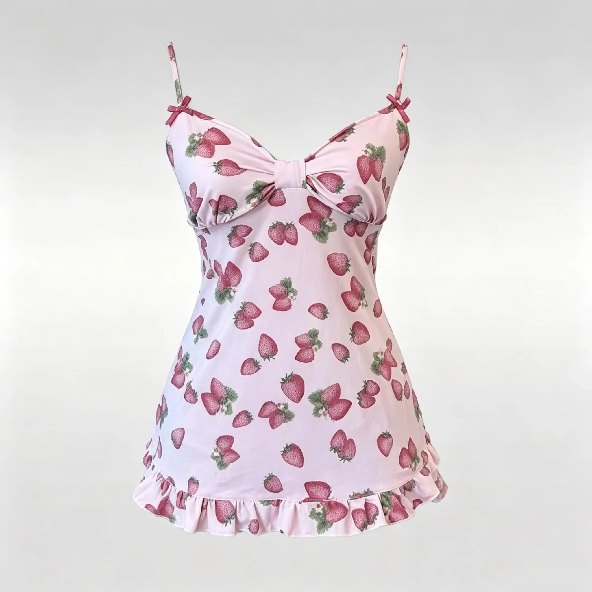 Cute Women Spaghetti Strap Tank Top Strawberry Pattern Bow Ornament Ruffle Hem Slim Sweet Cottagecore Daily Cami Top