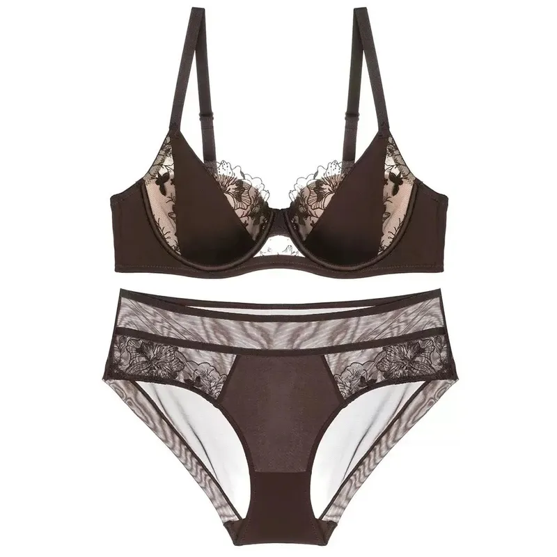 French Lace Embroidery Sexy Bra Set Push Up Minimizer Gather Support Full Coverage Comfort Lingerie for Big Breasted Women 2PCS
