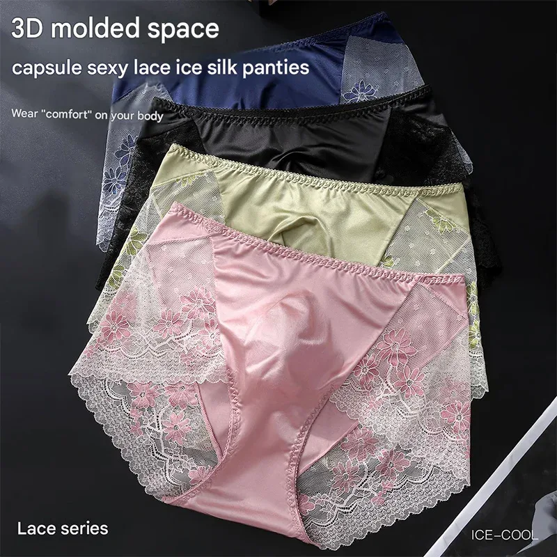 Men Satin Ice Silk Triangle Underwear 3D Pouch Low‑Waist Briefs Side Lace Breathable Soft Sexy Male Plus Size Intimate Shorts — image 2