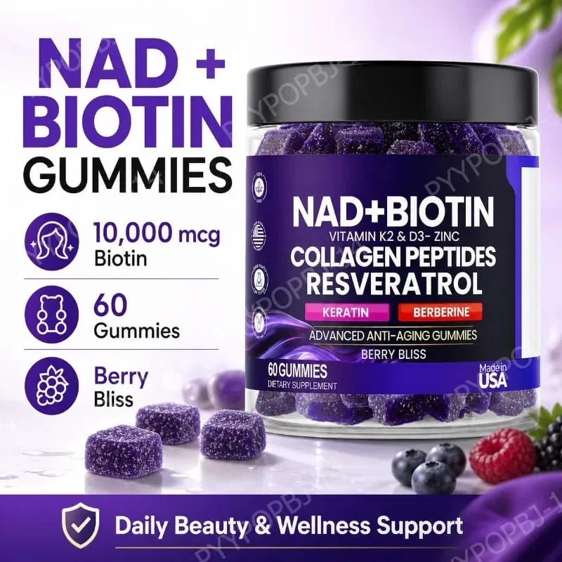 Biotin Collagen Gummies with NAD+ Resveratrol Vitamin D3 K2 Zinc Daily Beauty Wellness Supplement 60 Count Berry Flavor — image 1