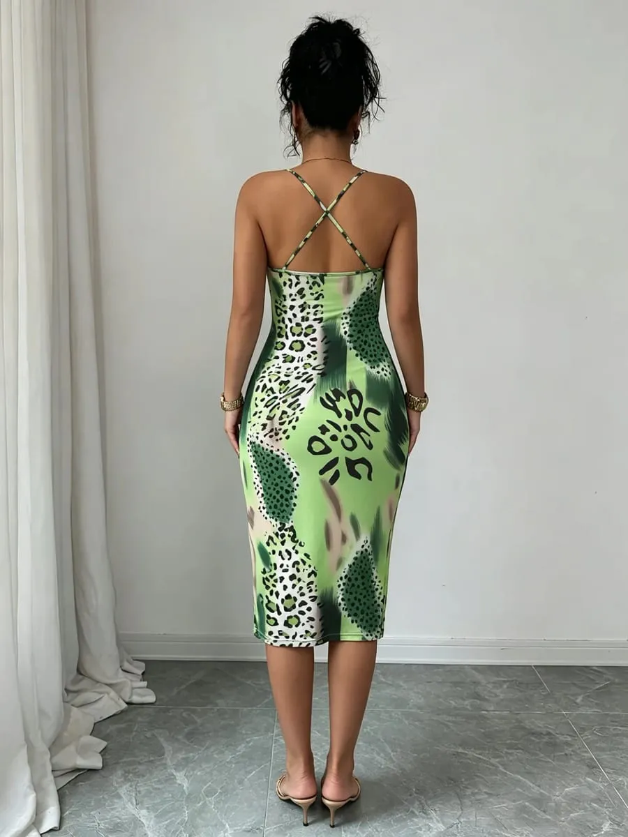 Women Spaghetti Strap Midi Dress Green Leopard Print Bodycon Casual Dress Summer Sexy Party Cocktail Clubwear Date Dress — image 4