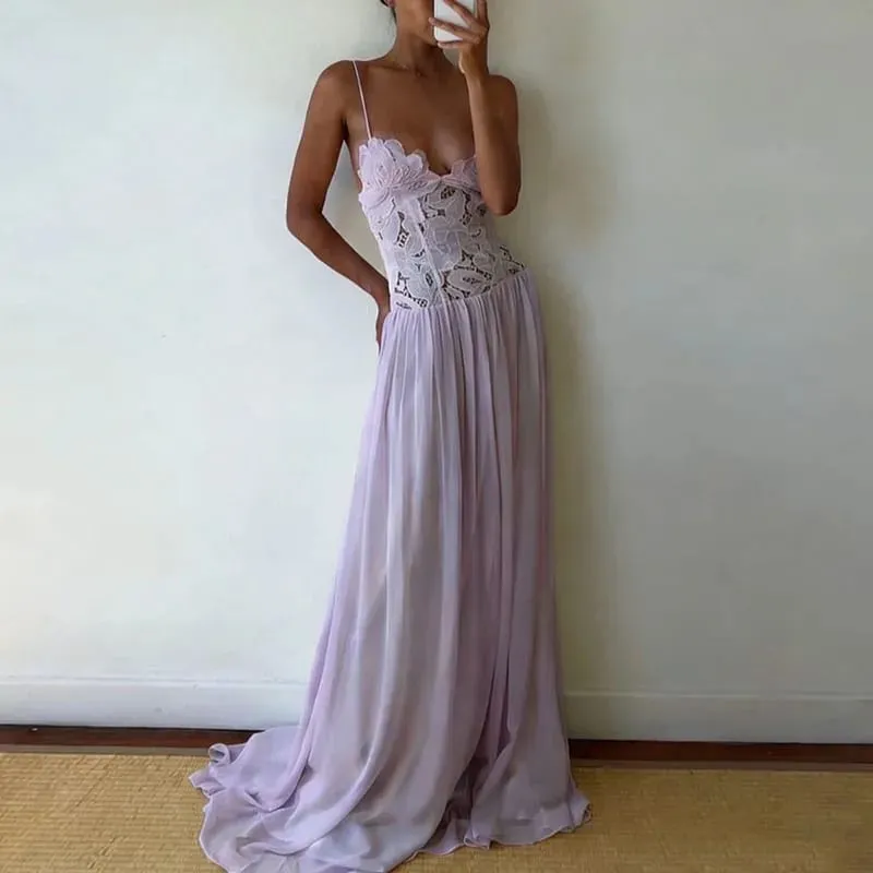 Casual Lace Patchwork Beach Dress Lady Sexy Low Cut V-neck Party Dress Spring Summer Sleeveless Suspender Chiffon Long Dress — image 8