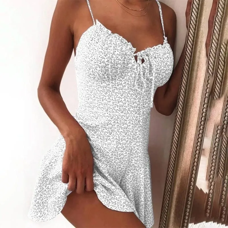 2023 Kvinder Sommer Spaghetti Strap Blomstertryk Tie Front Mini Kjole Y2K Sexet Kjole Patry Beach Style Ny All-Match Blomsternederdel — image 6