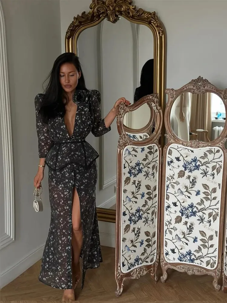 Chic Puff Sleeve Flora Printed Maxi Dress V-neck Waist Cinching Split Elegant Women's Dresses for Party 2026 Female Clothing New — image 3