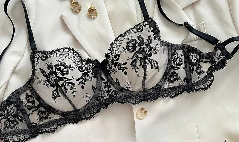 Conjunto Lencería Bordado Floral Transparente Aro Rejilla Copa Fina Sujetador Push Up Estilo Puro Deseo Ropa Interior Mujer S-XL — image 21