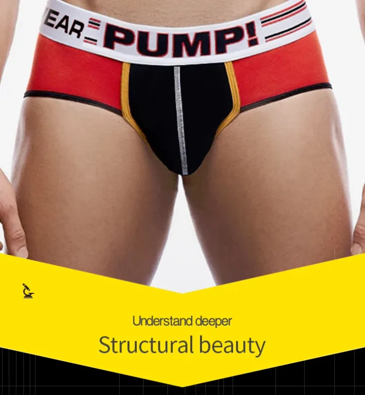 Men's Cotton Color Block Briefs, Pump! Logo Wide Waistband Low Rise Sexy 3D Convex Pouch Underwear — image 8