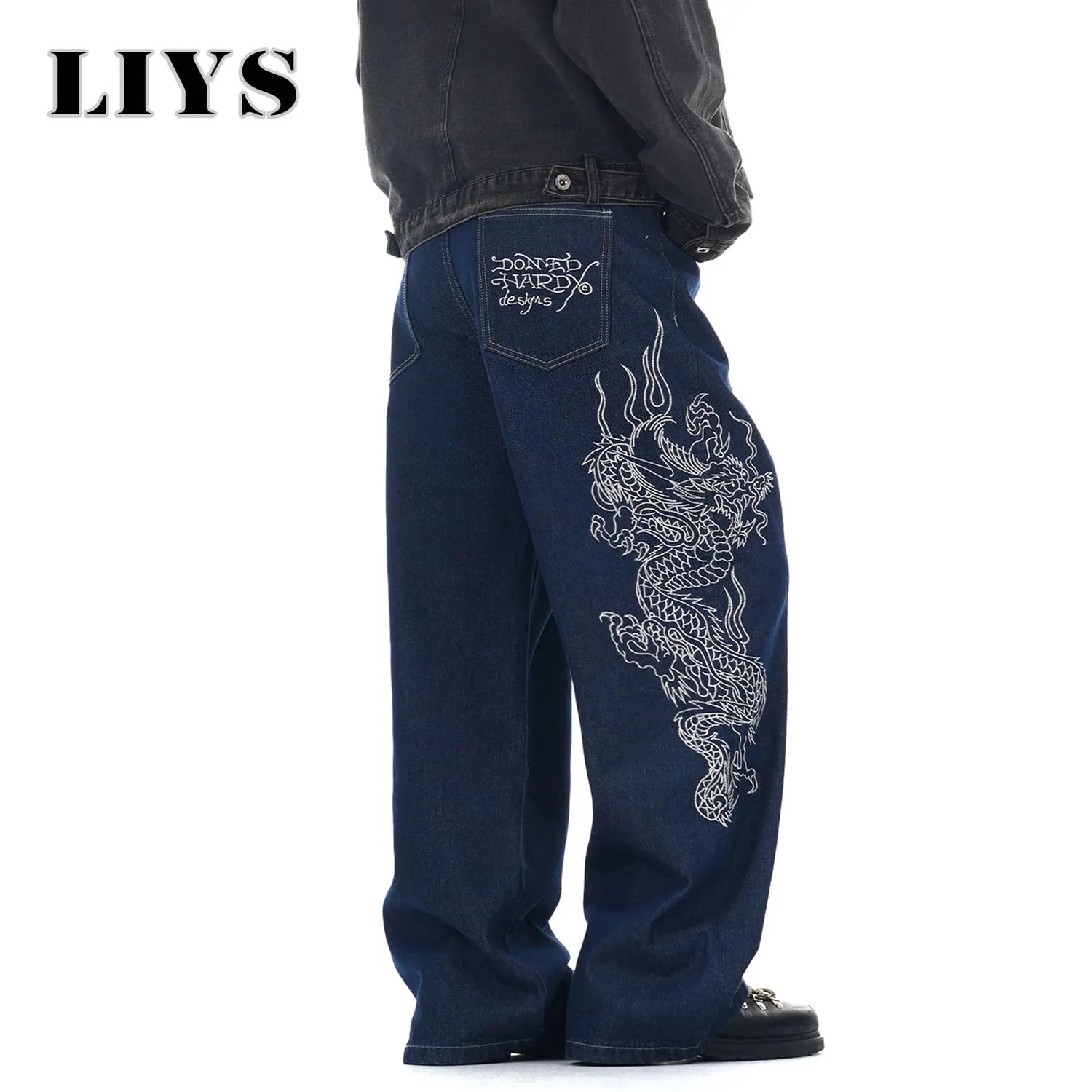 Neue Herren-Jeans mit weitem Bein, blau, Baggy-Drachen bestickt, Frühling und Sommer, klassisch, blau, Baggy-Jeans, gewaschen, Unisex-Kleidung