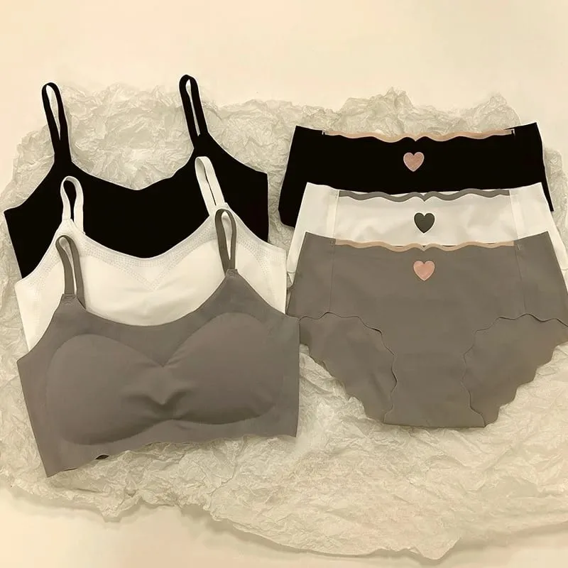 Women's Seamless Bralette Set Wireless Push Up Bra with High Waist Panty Cute Heart Embroidery Lingerie Set for Daily Wear — image 4