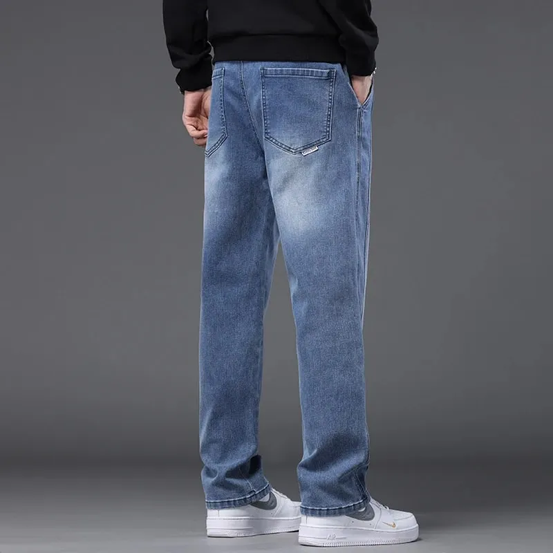 Autumn Winter Blue Jeans Men Drawstring Elastic Waist Cotton Cargo Denim Pants Work Fashion Thick Trousers Male Plus Size M-4XL — image 5