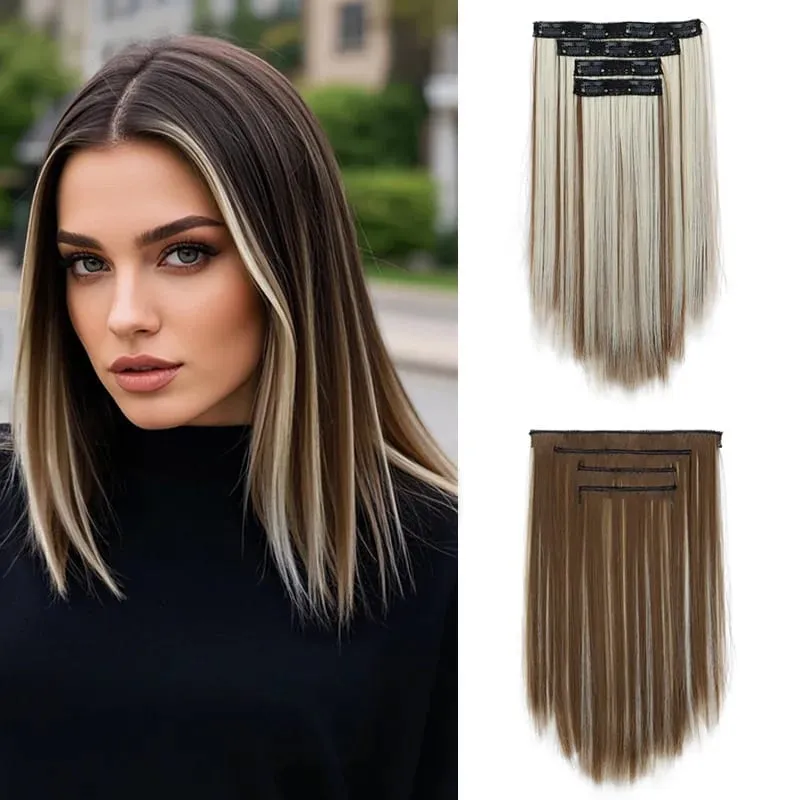 14Inch Synthetic Long Straight Hair Extension 4pcs/set Black Brown Blonde Adds Volume Hairpiece for Women — image 10