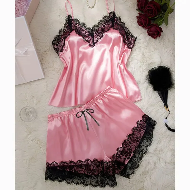 Solid Color Lace Trim Silk Lingerie Set Woman Pajamas Underwear Luxury Nightwear Sexy Bra V Neck Tank Short Summer Intimacy Sets — image 1