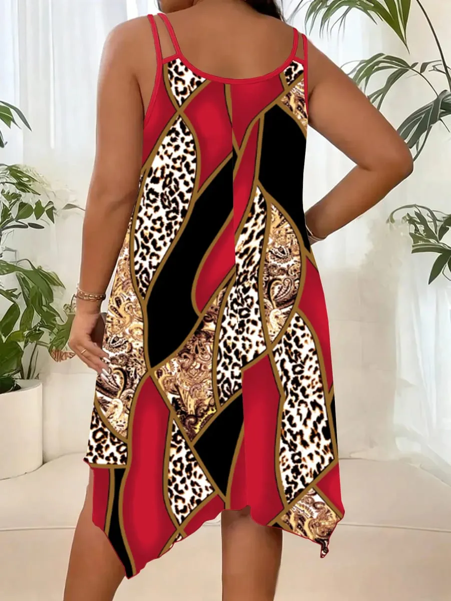 Plus-size women's fashion asymmetrical geometric stripes printed double strap dress — image 3