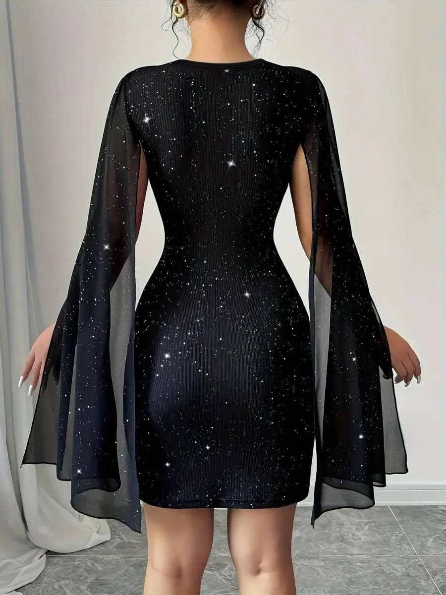 Women Black Glitter Bodycon Mini Dress Lace Crew Neck Sheer Cape Sleeve Slim Party Club Evening Cocktail Short Dress — image 4