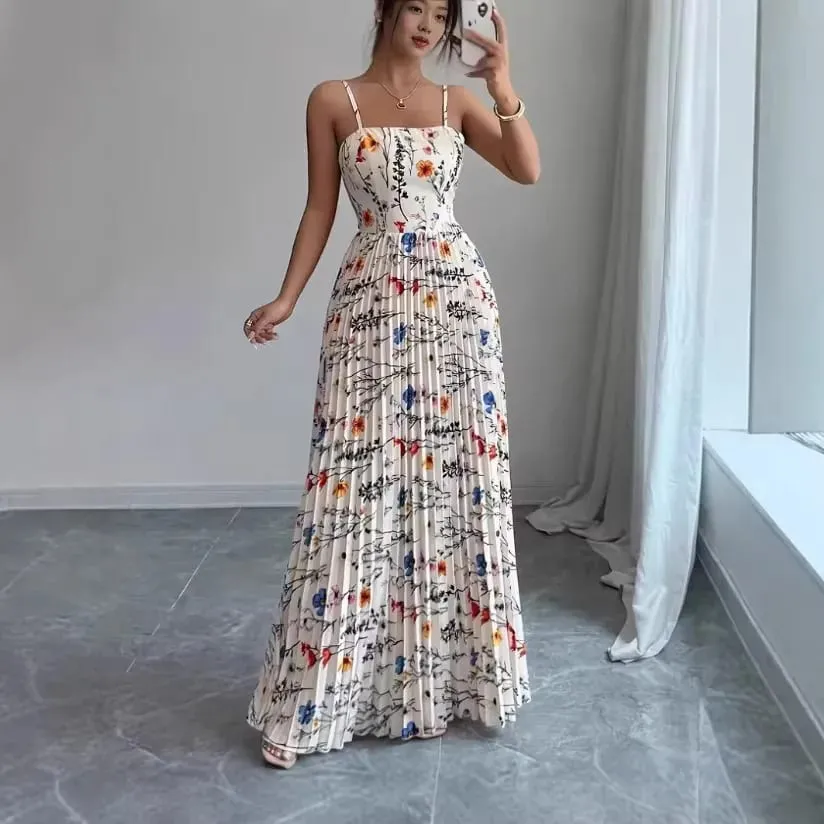 Elegant Floral Print Maxi Dress Women Summer Sexy Cami Slip Dress Casual Sleeveless A-Line Long Dresses Vintage Beach Vacation — image 1