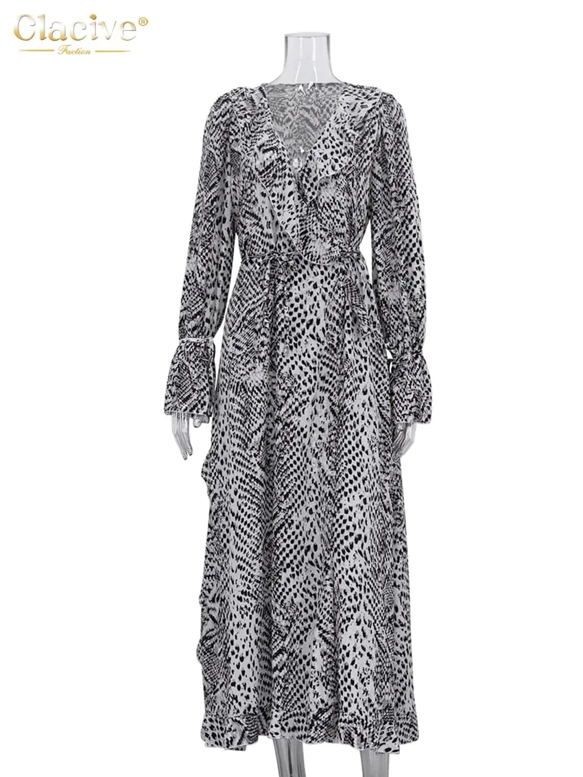 Clacive Fashion Loose Print Women's Dress 2025 Sexy V-Neck Long Sleeve Ankle Length Dresses Elegant Classic Ruffles Female Dress — image 5