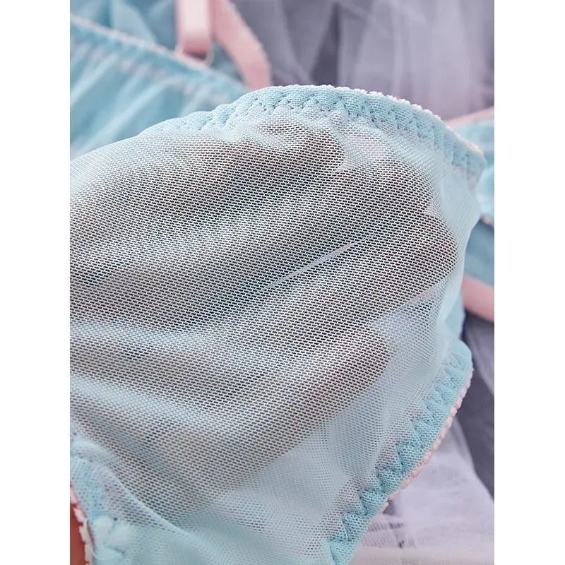 Blue Mesh Patchwork Splicing Thin Strap Strappy Semi Sheer Lightweight Lace Sexy Underwear Apparel Women Bra Briefs Lingerie Set