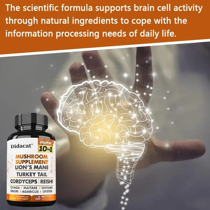 Didacat 10x Mushroom Complex Capsules with Lions Mane Chaga Nootropic Brain Supplement for Memory and Immunity