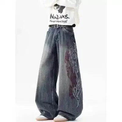Men's Loose Straight Leg Jeans Pattern Embroidered Baggy Jeans Y2K Gothic Harajuku Hip Hop Straight High Waist Wide Leg Pants — image 2
