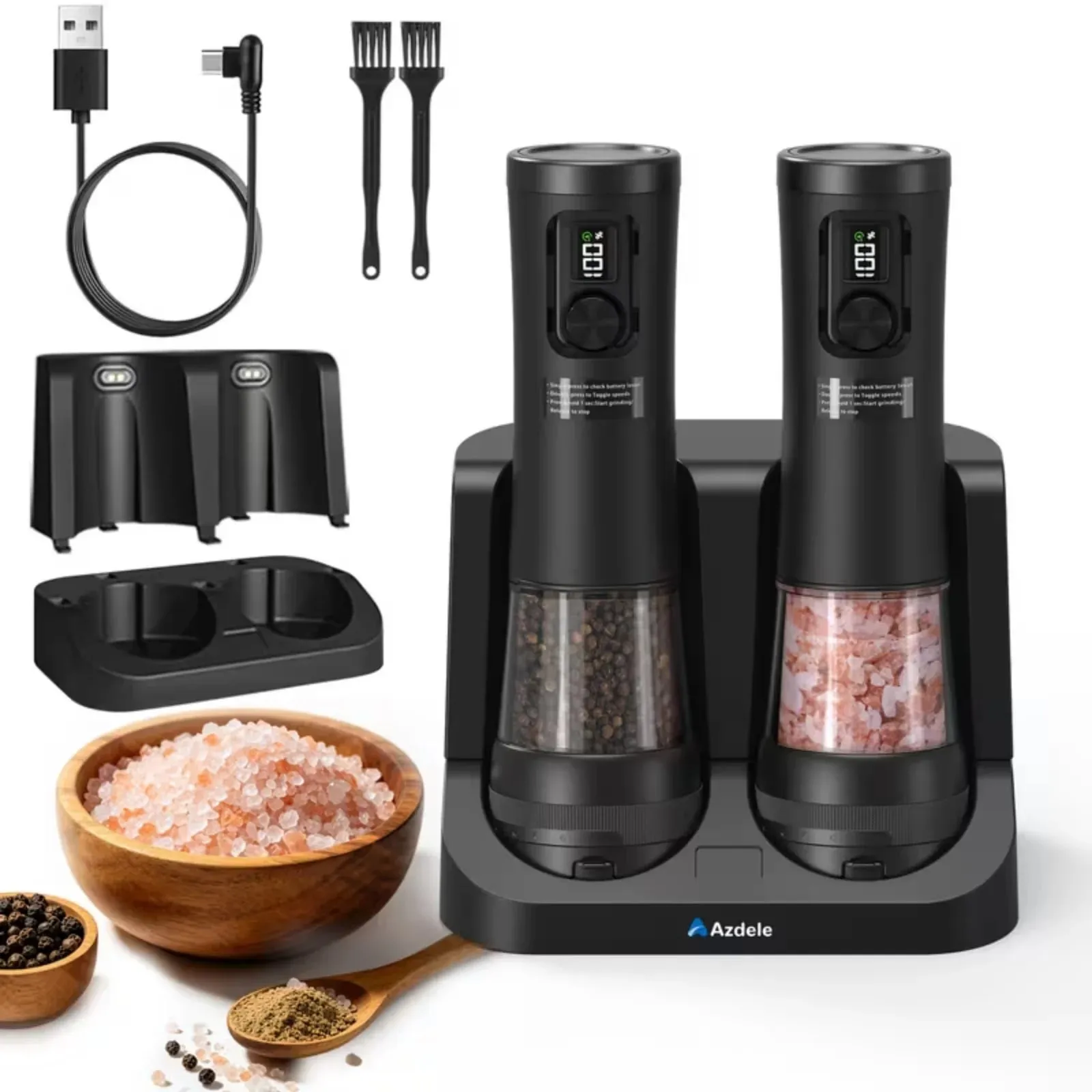 Electric Salt And Pepper Grinder Set Dual-Speed Adjustment Stainless Steel Rechargeable Automatic Pepper Grinder Jar With USB Charging Base Large 3.38 Ounce Capacity External Adjustable Coarseness LED Light.