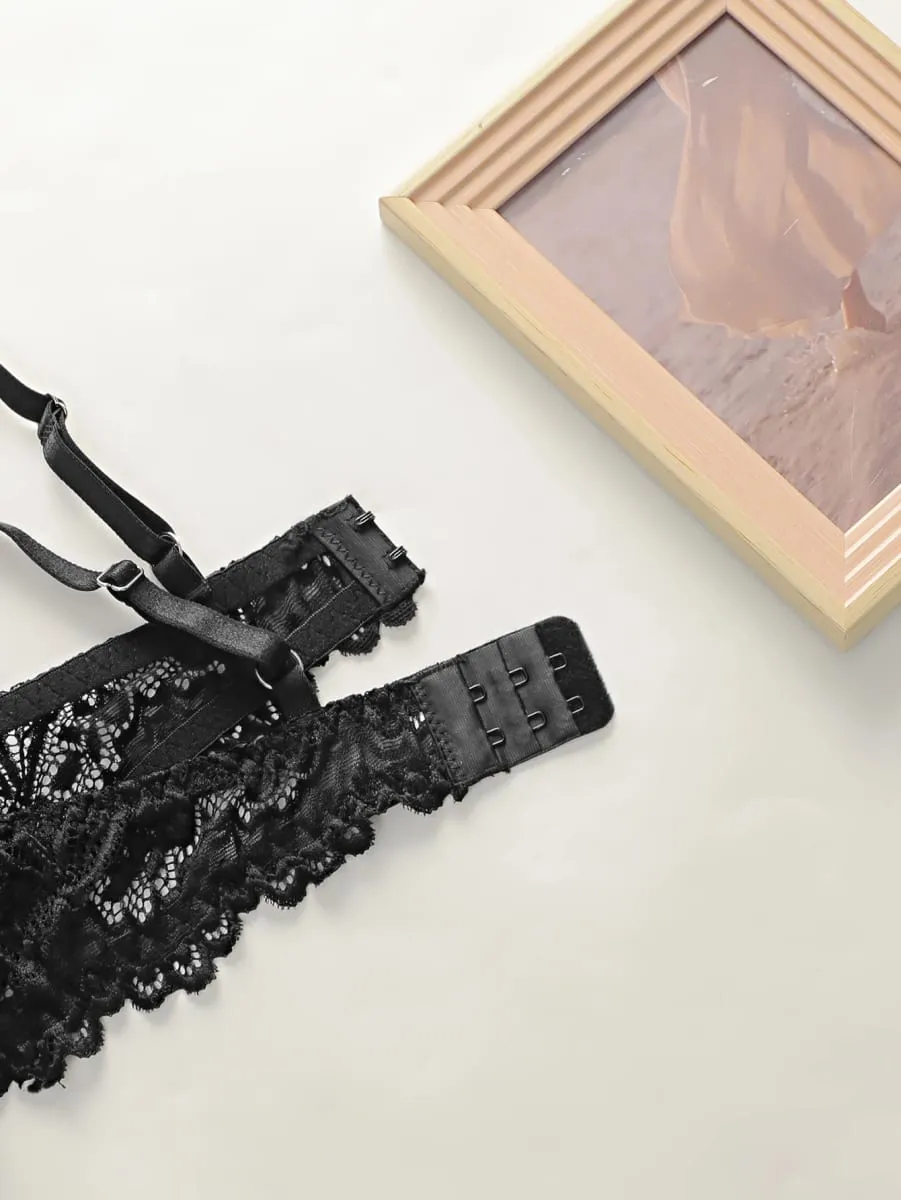 fashion Black bow lace thong set solid color daily 2-piece set sexy underwear set push up bra set B1111 — image 5