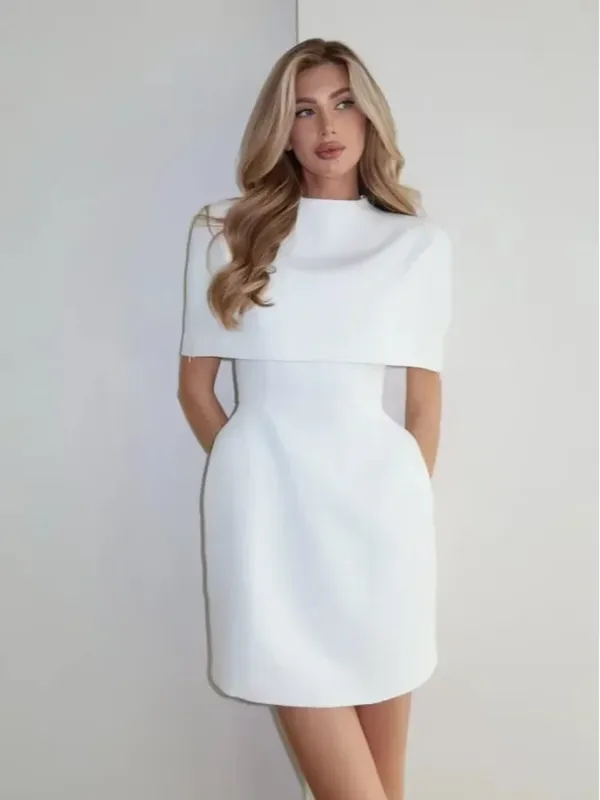 Elegant Solid Shawl Mini Dress Women Chic Half High Collar Waist Cinching A-line Short Dresses 2026 Lady Party Evening Gown New