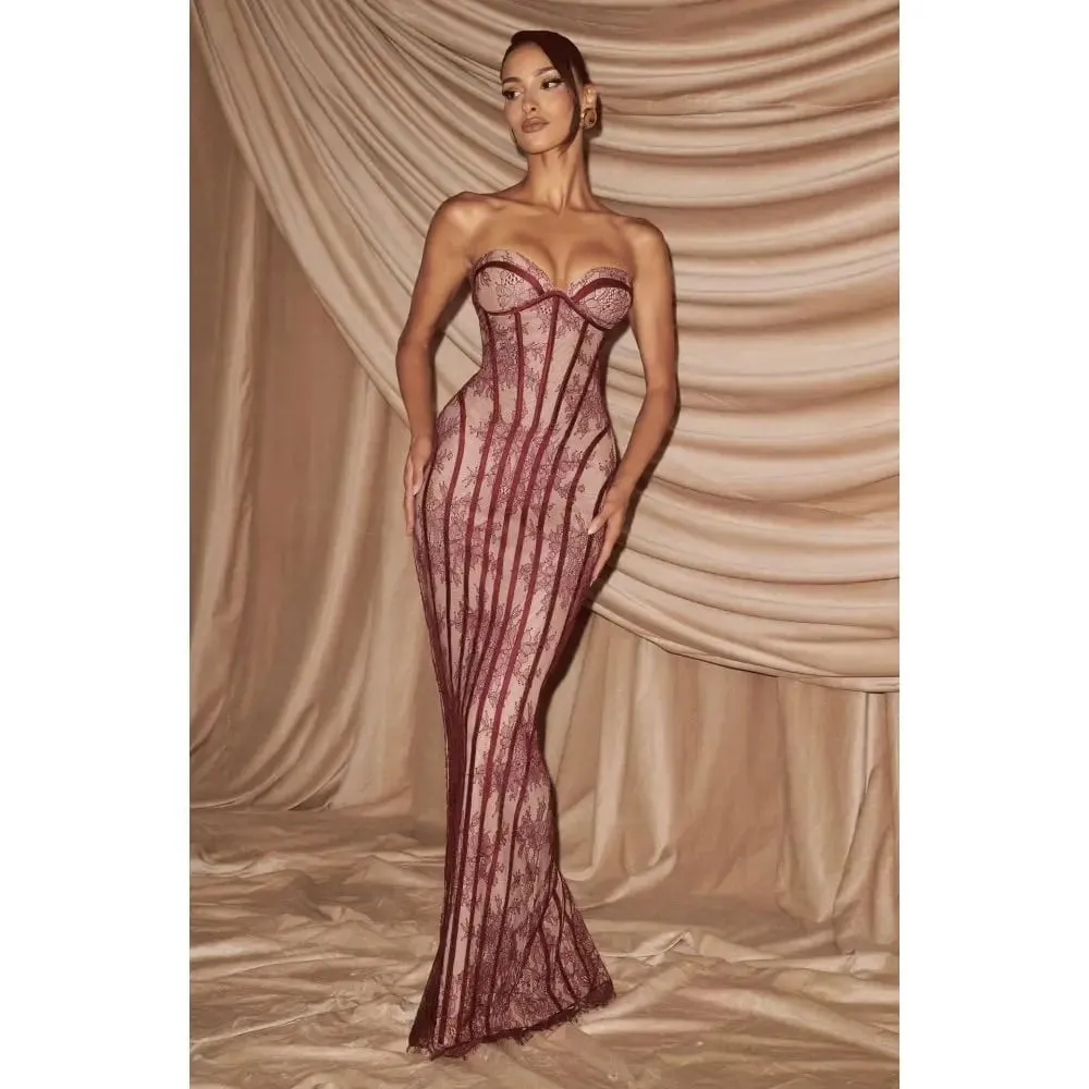 Elegant lace strapless waist cinching long dress with heart-shaped neckline for slimming and formal evening ladies' dress — image 4