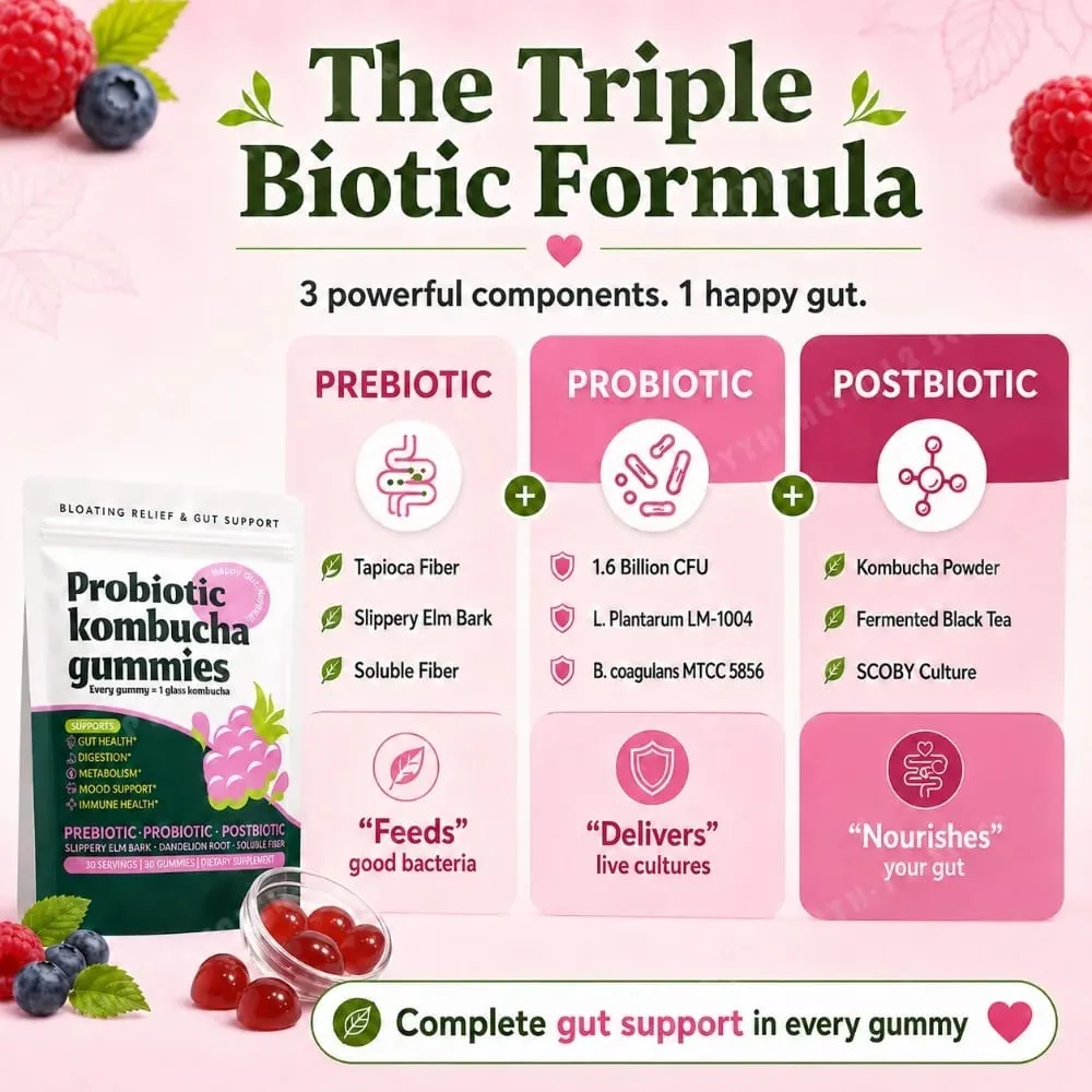 Probiotic Kombucha Gummies Berry 30 Ct Prebiotic Postbiotic Gut Health Digestion Bloating Relief Immune Vegan Non-GMO Supplement — image 3